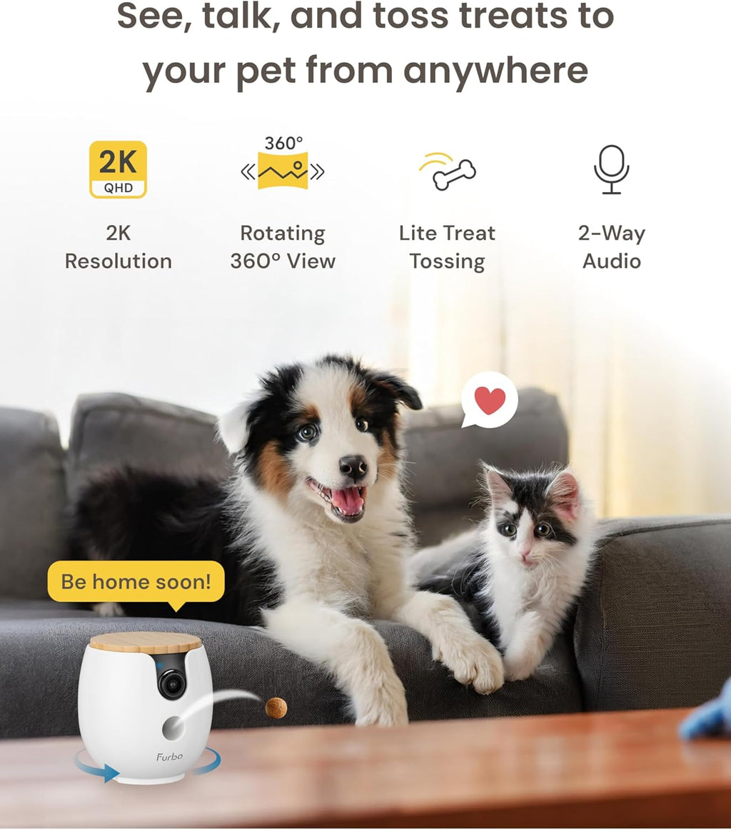 Mini 360° Pet Camera [No Monthly Fee] | Clear 2K QHD Video, 360° Rotating View, Barking/Meowing Alerts, 2-Way Audio, Color Night Vision, Pet Monitoring, No AI Alerts