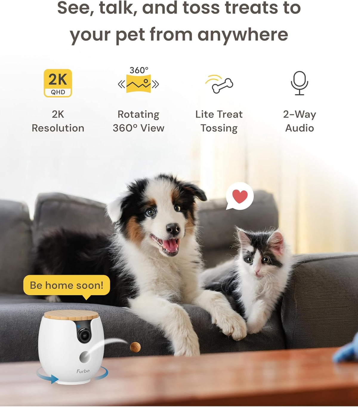 Mini 360° Pet Camera [No Monthly Fee] | Clear 2K QHD Video, 360° Rotating View, Barking/Meowing Alerts, 2-Way Audio, Color Night Vision, Pet Monitoring, No AI Alerts