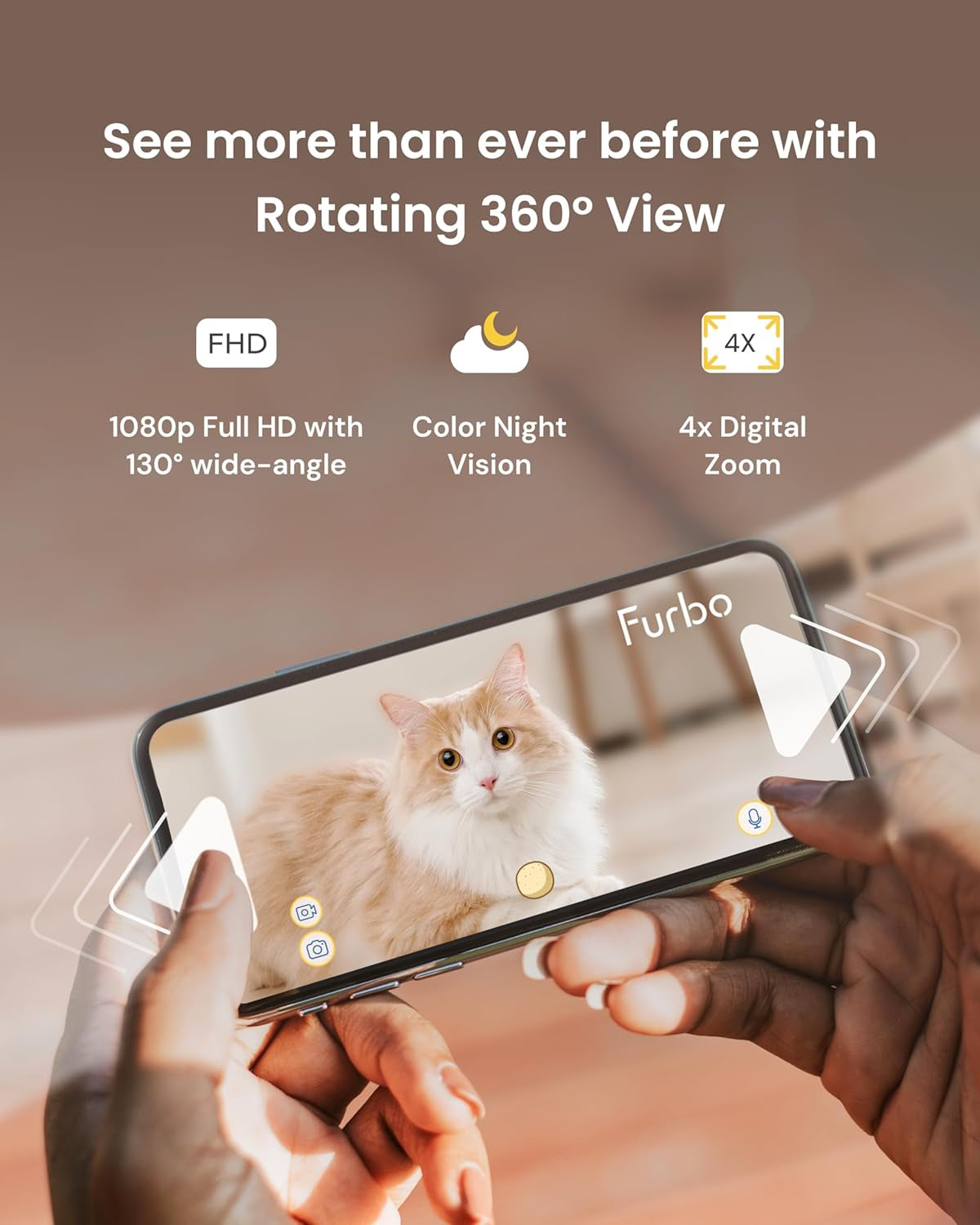 360° Cat Camera [No Monthly Fee] | 360° Rotating Live View, Meowing Alerts, Treat Toss, 2-Way Audio, Night Vision, Smart Home Kitten Monitoring, No AI Alerts