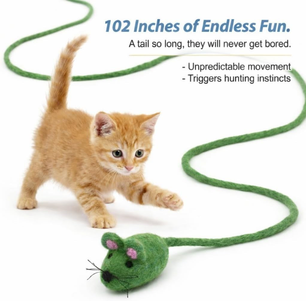 Felt Mouse Cat Toy – Soft Fuzzy Enrichment 100% Natural Wool - Interactive Catnip Play Cat Toy Set - Safe for Pets, Non-Azo Colored Dyes - 100” Long