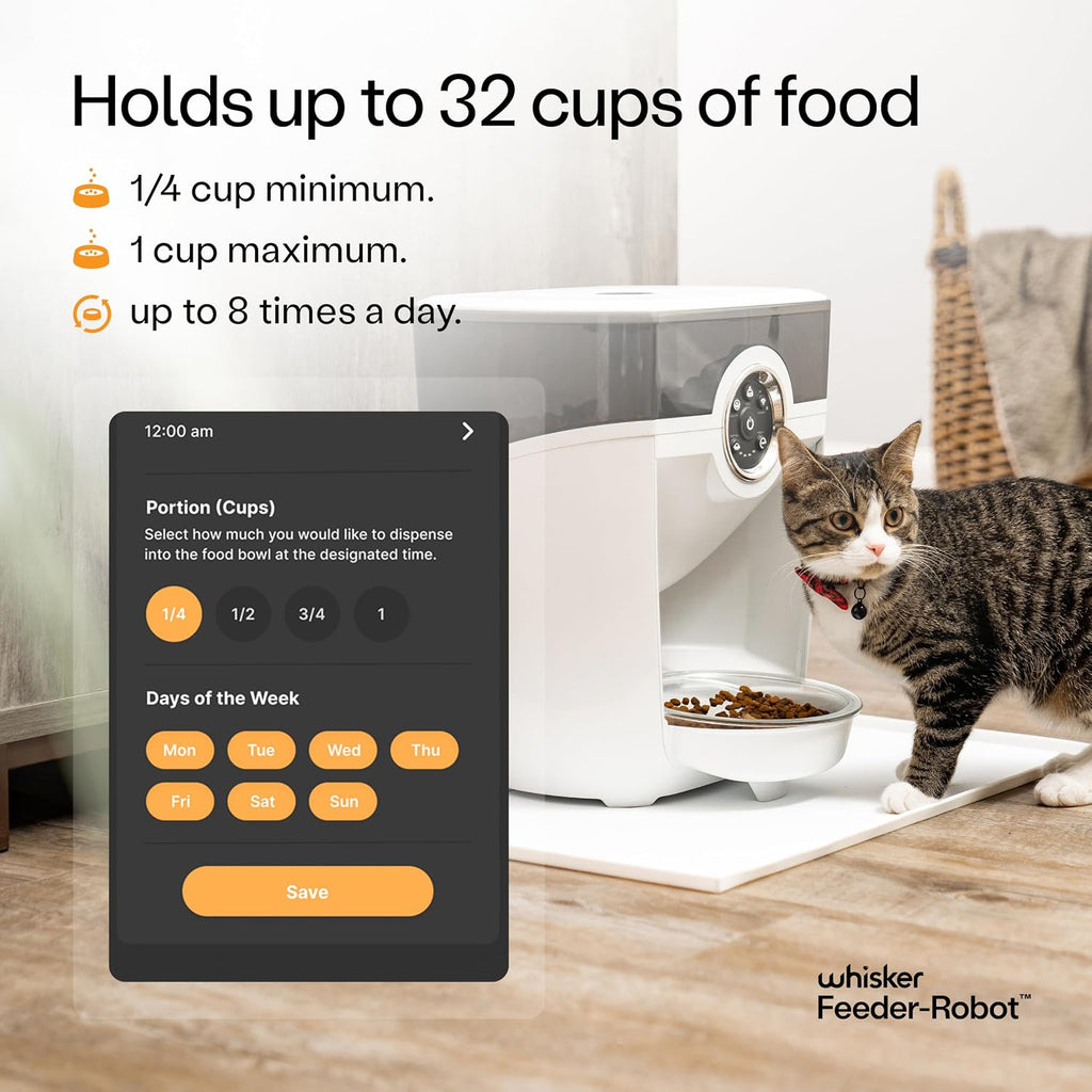 Feeder-Robot, White with Smoke-Grey Hopper | Smart, Automatic Pet Feeder, Feed Your Cat or Dog from Anywhere, Designed & Assembled in USA