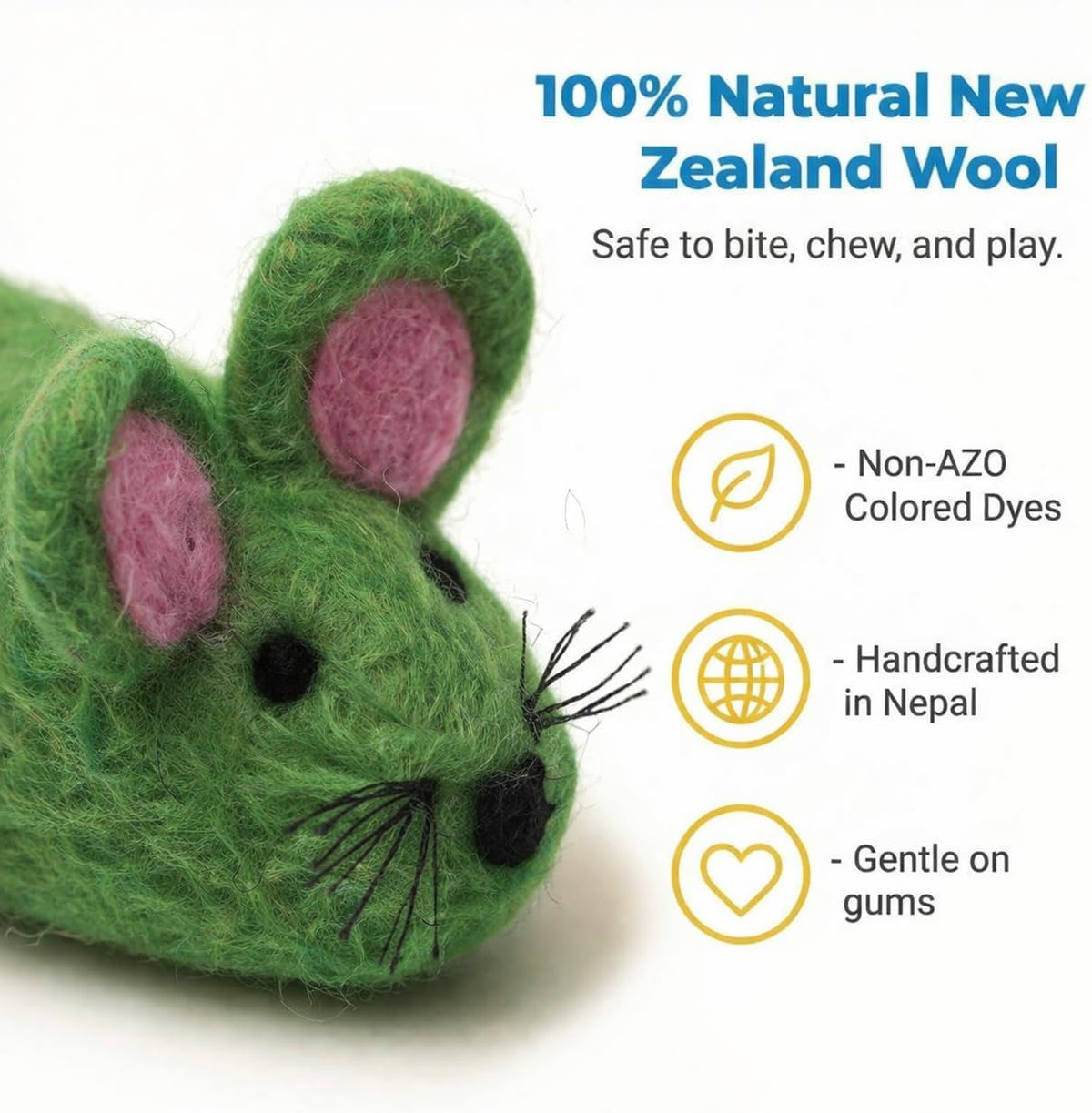 Felt Mouse Cat Toy – Soft Fuzzy Enrichment 100% Natural Wool - Interactive Catnip Play Cat Toy Set - Safe for Pets, Non-Azo Colored Dyes - 100” Long