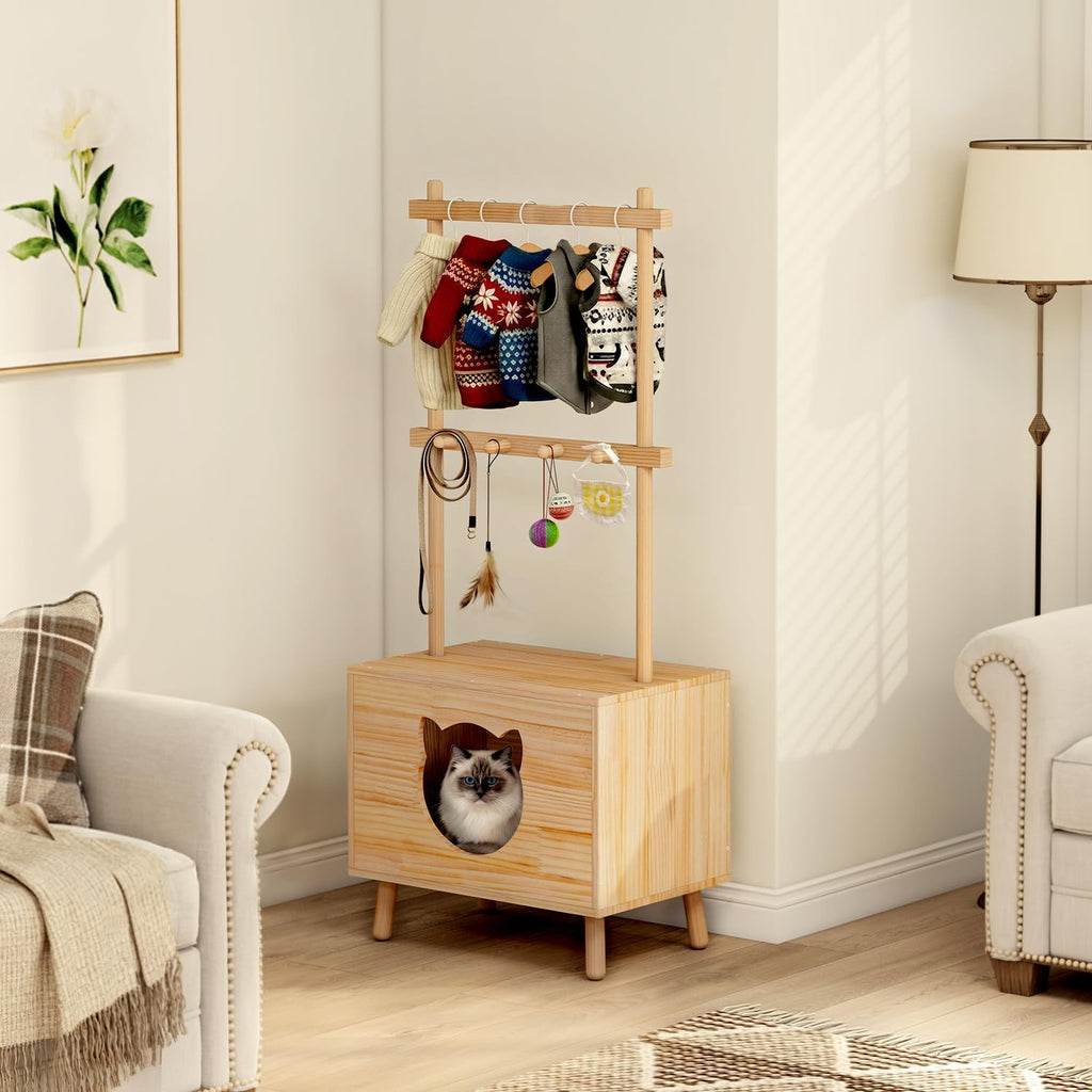 Cat House Side Table,Dog Closet Wooden Pet House Kitten Clothes Rack,Indoor Cat Activity Center for Toy Organization,No Paint (Natural)