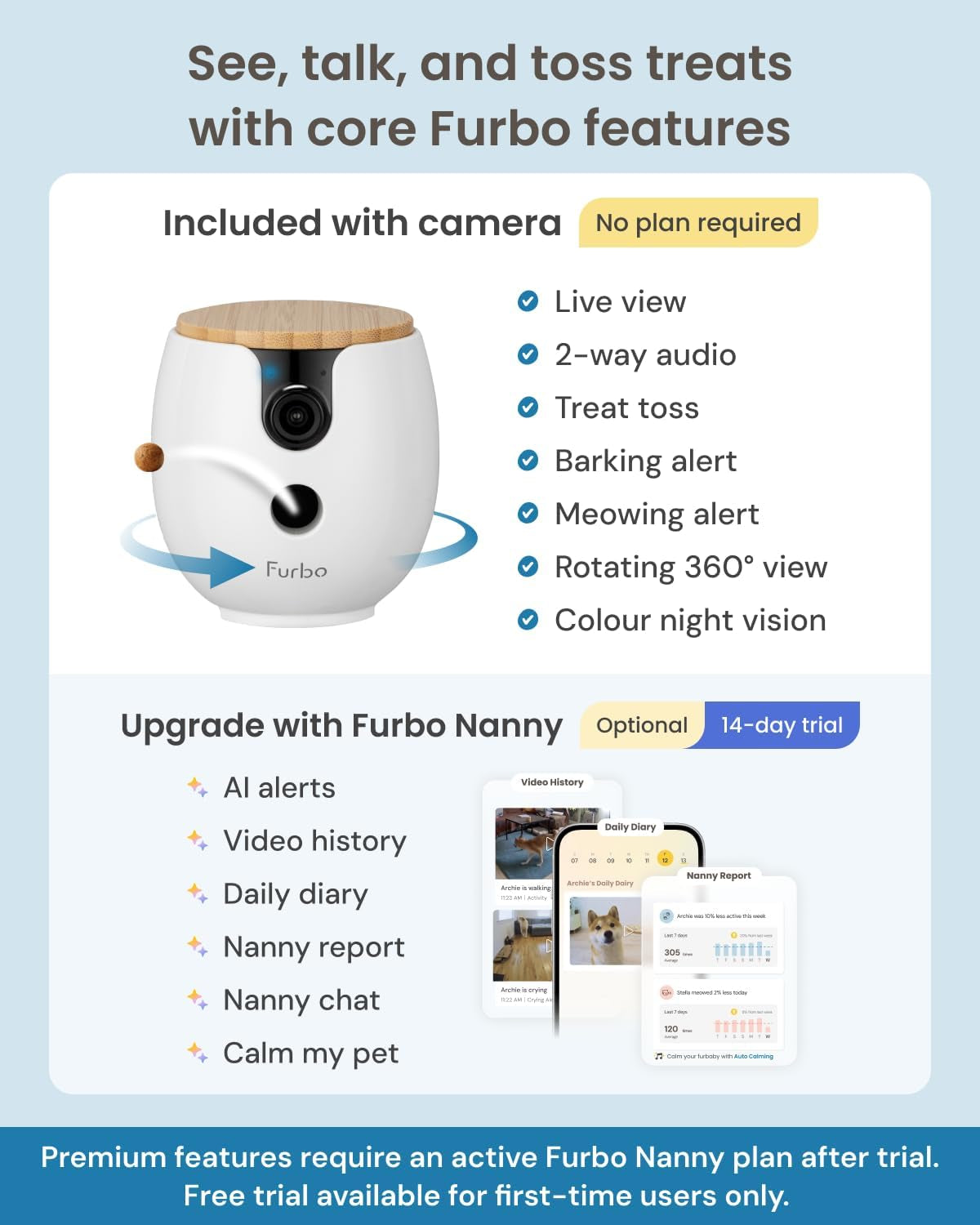 Mini 360° Pet Camera [No Monthly Fee] | Clear 2K QHD Video, 360° Rotating View, Barking/Meowing Alerts, 2-Way Audio, Color Night Vision, Pet Monitoring, No AI Alerts
