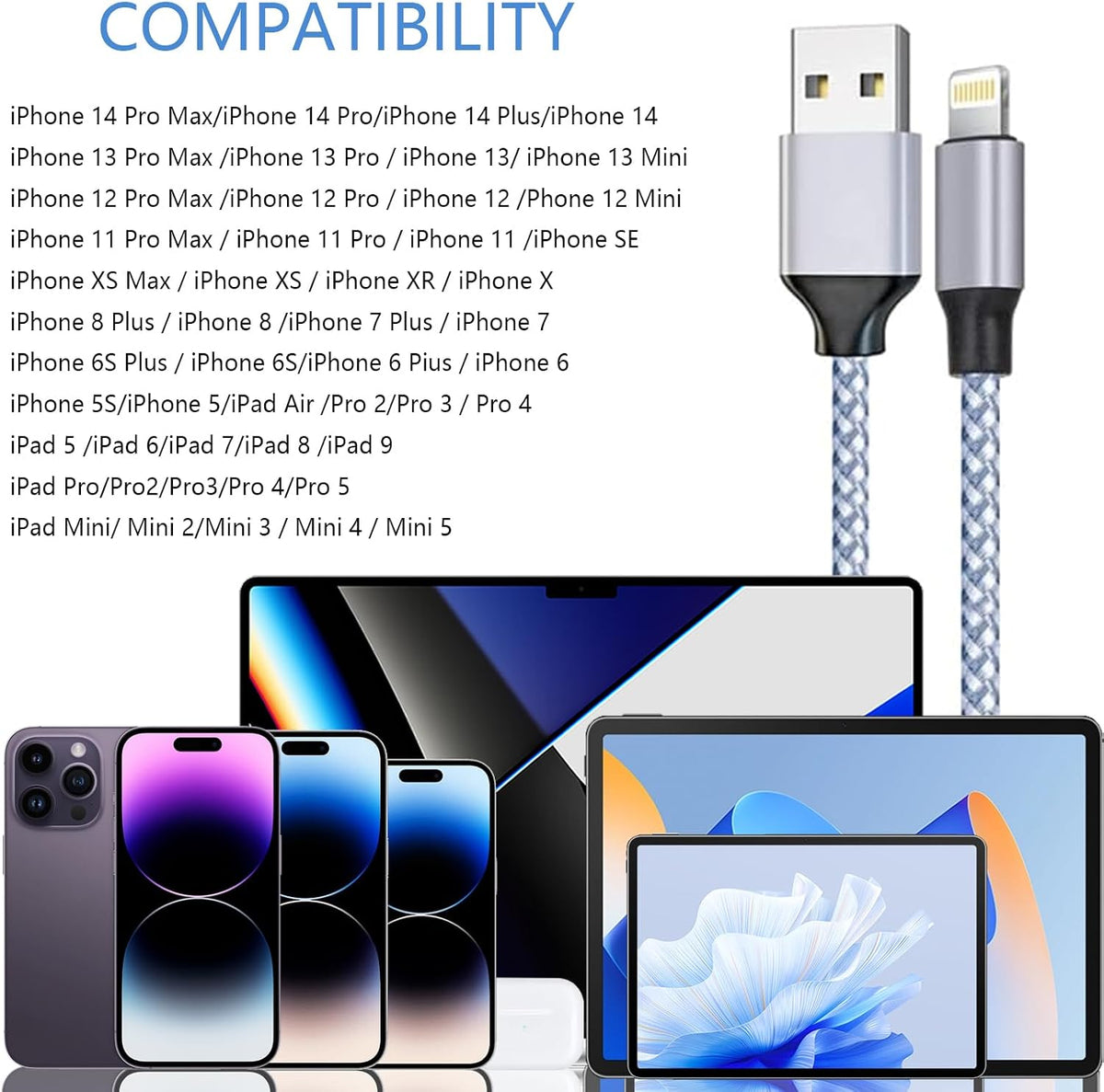 Iphone Charger 3Pack 6Ft Mfi Certified Best New Nylon Braided Lightning Cable Cell Phone Fast Charger Cord Compatible with Iphone14/13/12/11Pro Max/Xs/Xr/X/8/7/6/5/Se/Ipad More