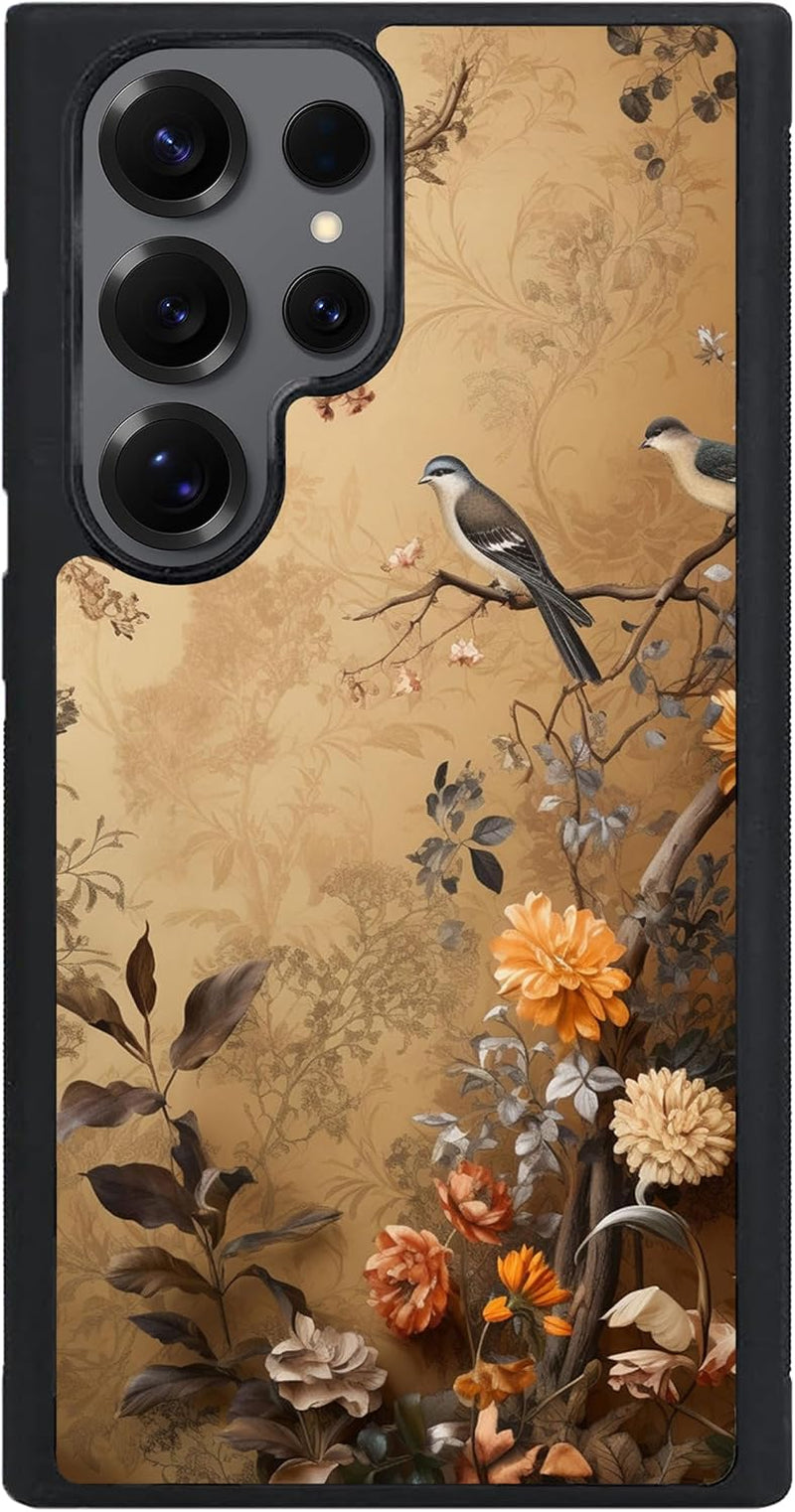 For Samsung Galaxy S25 Ultra Case - Vintage Flowers and Birds | Beige Sepia Vintage Bird Floral Branch Art Designed Phone Case - Flexible TPU Phone Cover - Drop Protection