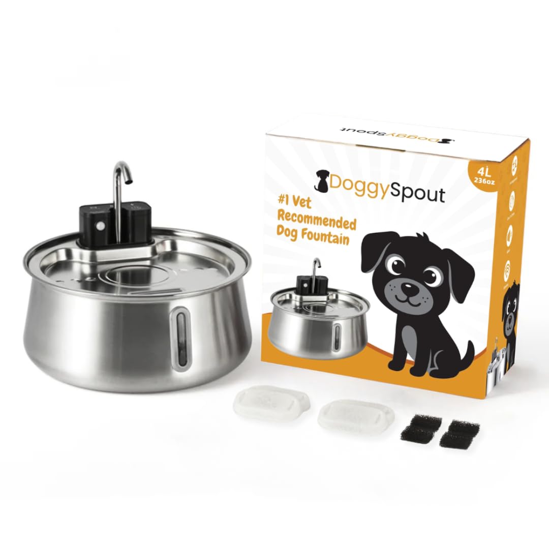 DoggySpout Wireless Dog Water Fountain, Large 4L (135oz) Stainless Steel Pet Water Fountain for Large Dogs and Multi-Pet Homes, Ultra Quiet Automatic Fountain with 3-Layer Filtration