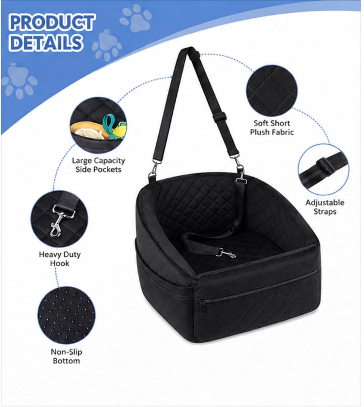 Comfort Bedz Luxury Plush Dog Car Seat Bed, Ultra Soft Quilted Pet Booster Seat with Bolster Sides, Black