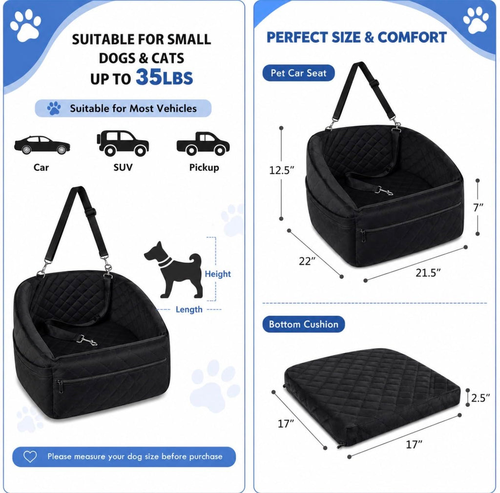 Comfort Bedz Luxury Plush Dog Car Seat Bed, Ultra Soft Quilted Pet Booster Seat with Bolster Sides, Black
