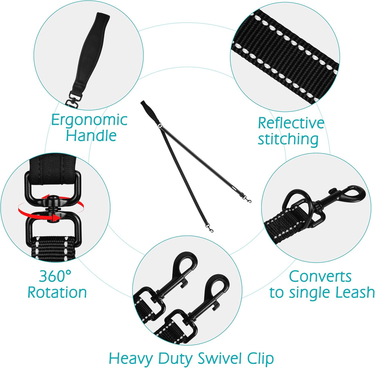 Two Point Control Dog Leash, No Tangle Training Walking Leashes | Soft Padded Handle, Reflective, Works with No Pull Harnesses, Converts to Single Lead for Medium Large Dogs, Black