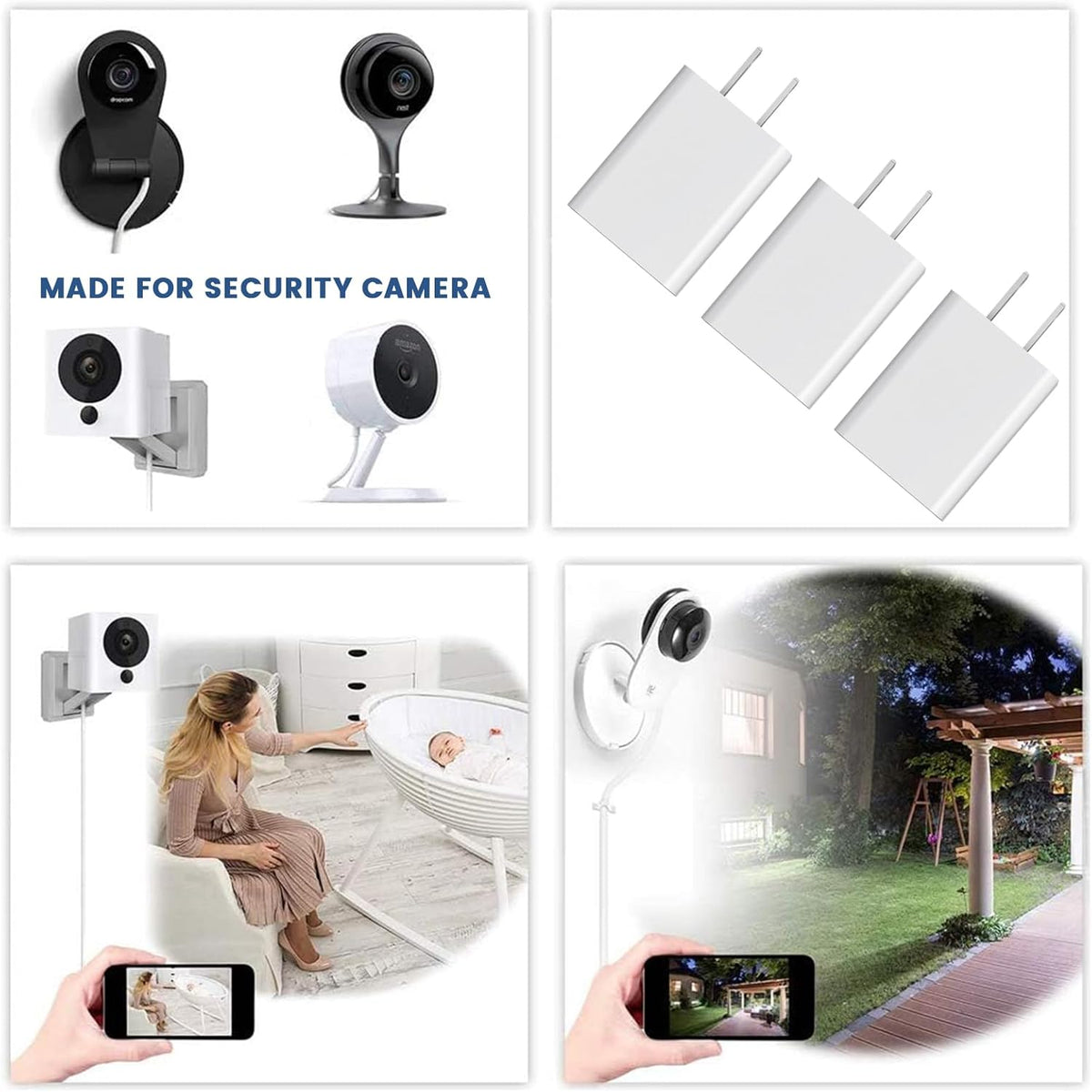 3 * 5V 2A Power Adapter for Outdoor Wyze V1 V2 V3 V4 Nest Cam Blink Mini | for Ring Spotlight, Ring Stick up Cam, Kasa, Google Nest, Indoor, Arlo Pro Cam Security Camera Wall Charger