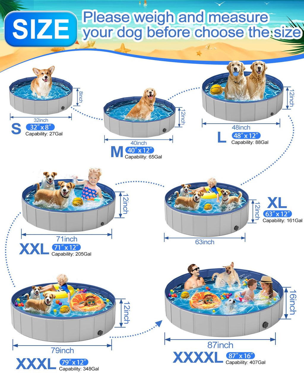 Dog Pool for Large Dogs, Foldable Plastic Pool for Dogs Slip-Resistant (XL - 63'' x 12'')