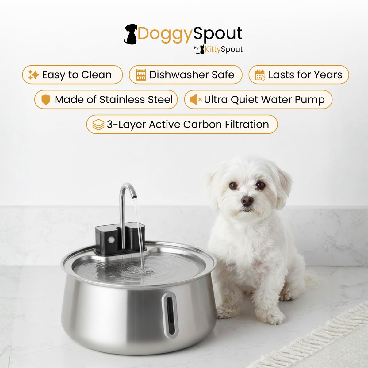 DoggySpout Wireless Dog Water Fountain, Large 4L (135oz) Stainless Steel Pet Water Fountain for Large Dogs and Multi-Pet Homes, Ultra Quiet Automatic Fountain with 3-Layer Filtration