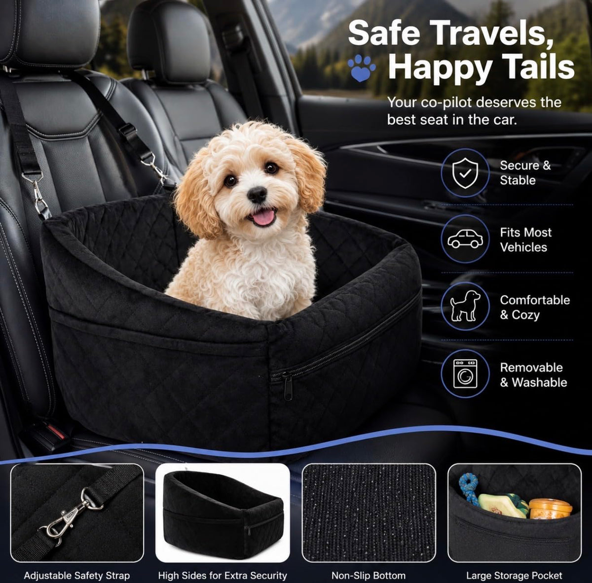 Comfort Bedz Luxury Plush Dog Car Seat Bed, Ultra Soft Quilted Pet Booster Seat with Bolster Sides, Black