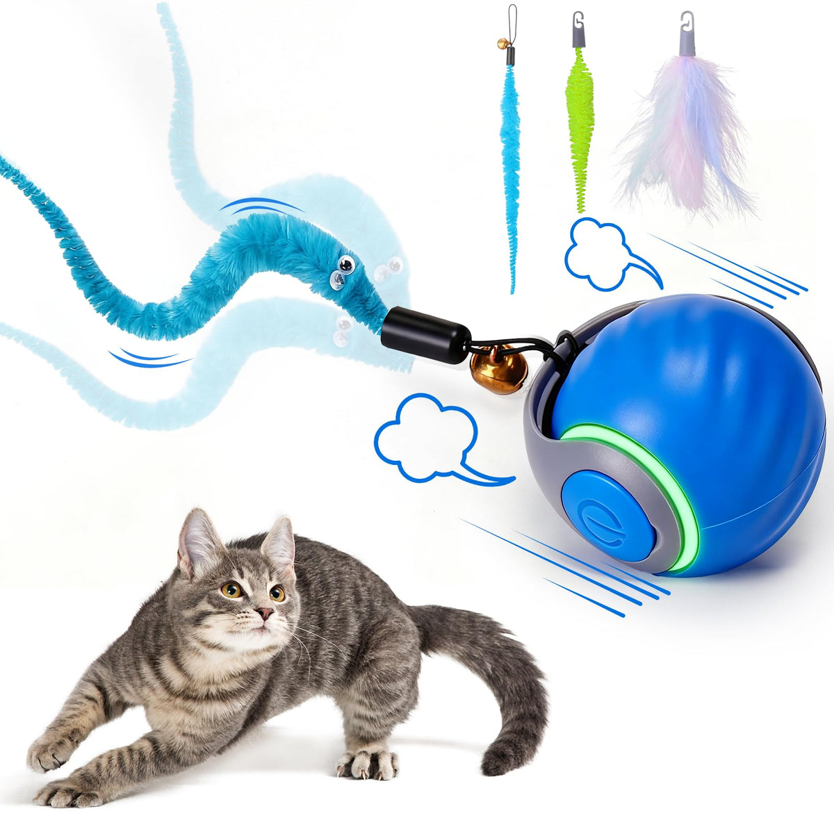 BABORUI Interactive Cat Toy Ball - Automatic Interactive Cat Toys for Indoor Cats with 3 Tails, 2 Speeds Rechargeable Cat Enrichment Toys for Small/Medium/Large Cats to Keep Them Busy(Blue)