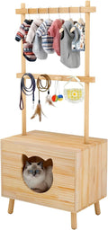 Cat House Side Table,Dog Closet Wooden Pet House Kitten Clothes Rack,Indoor Cat Activity Center for Toy Organization,No Paint (Natural)