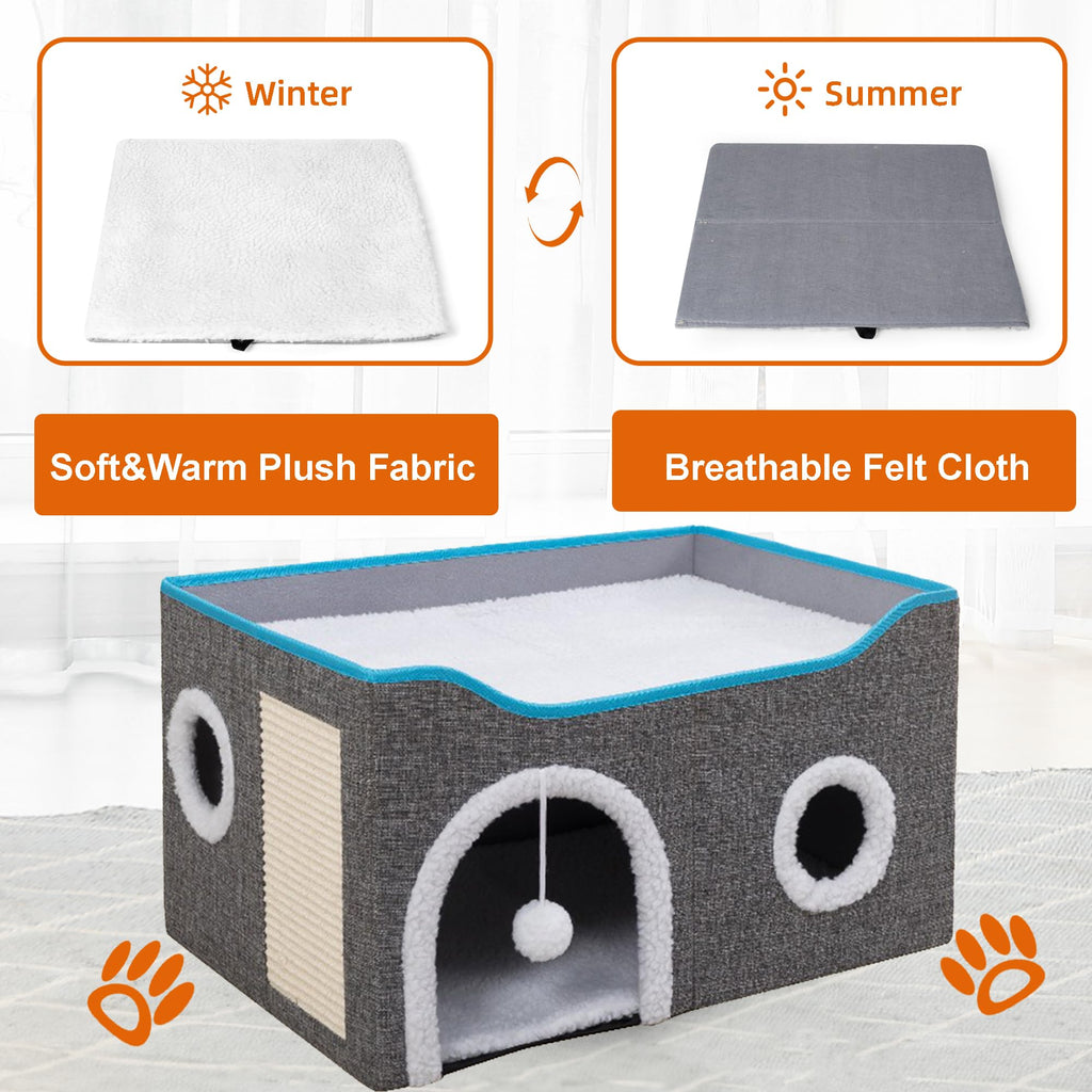 Loyareal Cat Houses for Indoor Cats - Large Cat Bed Cave with Scratch Pad and Fluffy Ball, Foldable Cat Condo Hideaway with Reversible Cushion for Multi Small Pet, Light Grey