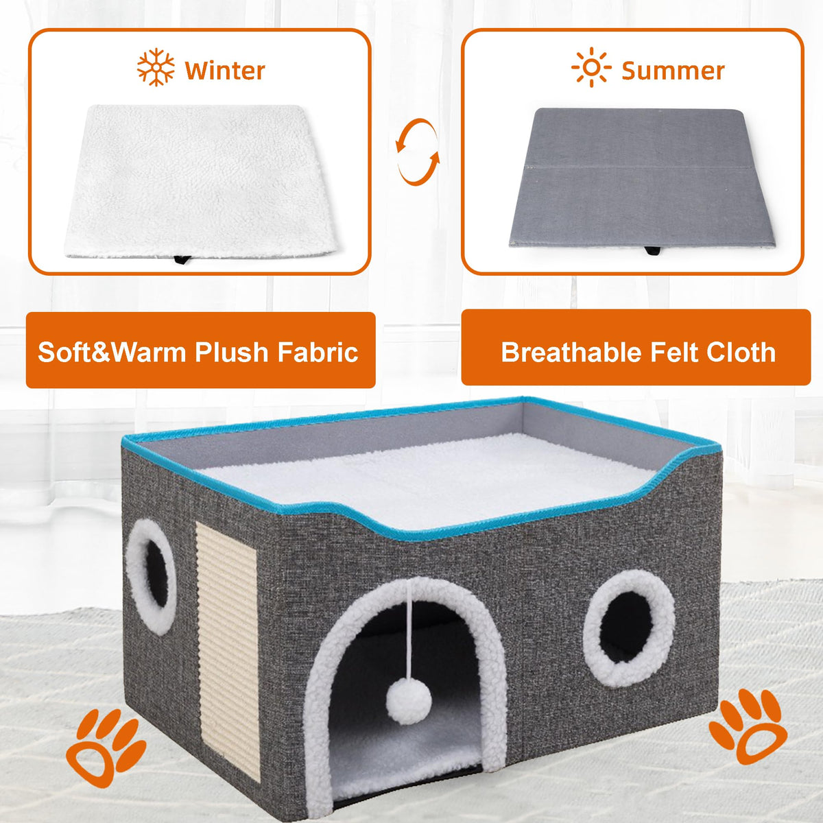 Loyareal Cat Houses for Indoor Cats - Large Cat Bed Cave with Scratch Pad and Fluffy Ball, Foldable Cat Condo Hideaway with Reversible Cushion for Multi Small Pet, Light Grey