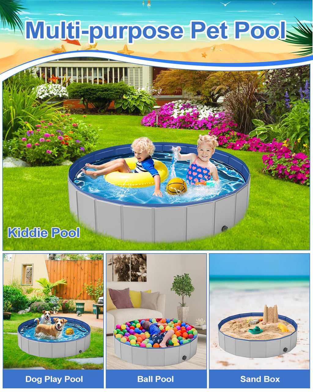 Dog Pool for Large Dogs, Foldable Plastic Pool for Dogs Slip-Resistant (XL - 63'' x 12'')