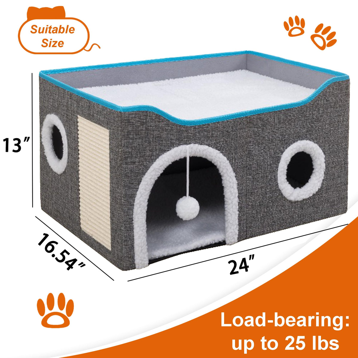 Loyareal Cat Houses for Indoor Cats - Large Cat Bed Cave with Scratch Pad and Fluffy Ball, Foldable Cat Condo Hideaway with Reversible Cushion for Multi Small Pet, Light Grey