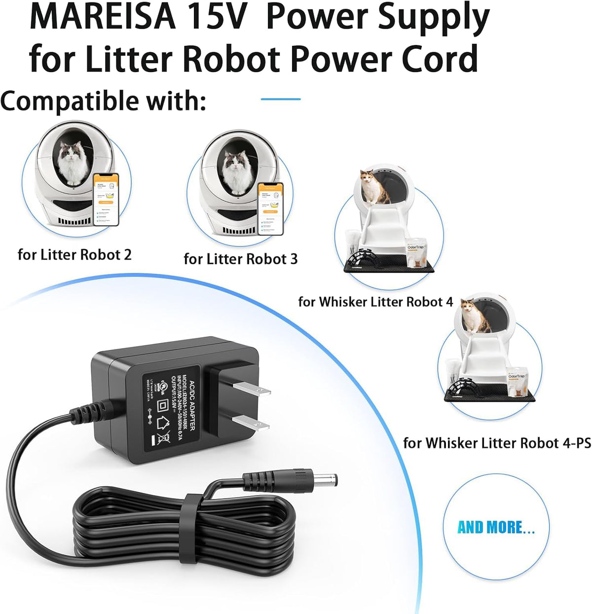 For Litter Robot Power Cord 15V DC Power Supply | Compatible with Litter Robot 2, 3, 4 Open Air Self Cleaning Cat Litter Box Power Supply