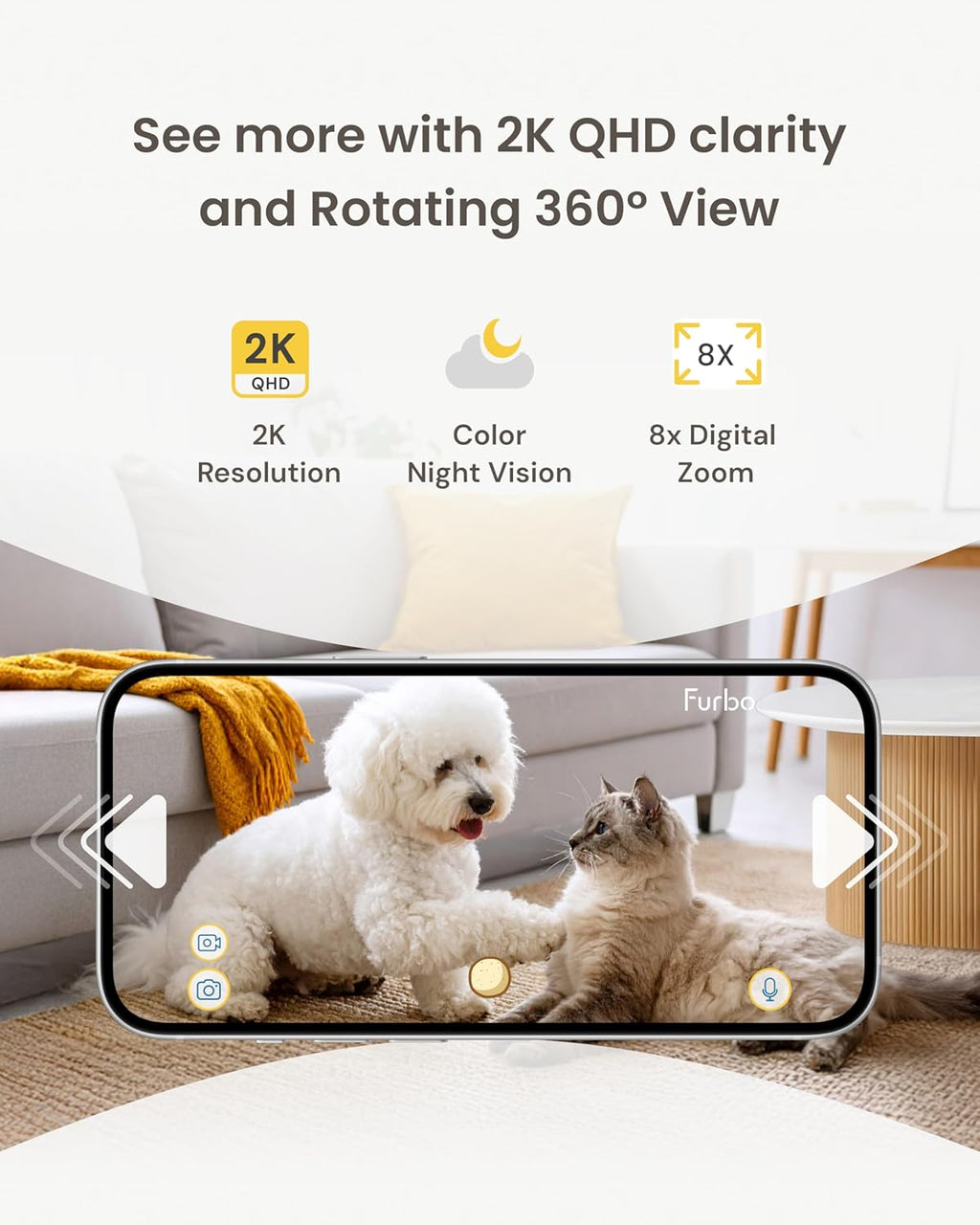 Mini 360° Pet Camera [No Monthly Fee] | Clear 2K QHD Video, 360° Rotating View, Barking/Meowing Alerts, 2-Way Audio, Color Night Vision, Pet Monitoring, No AI Alerts