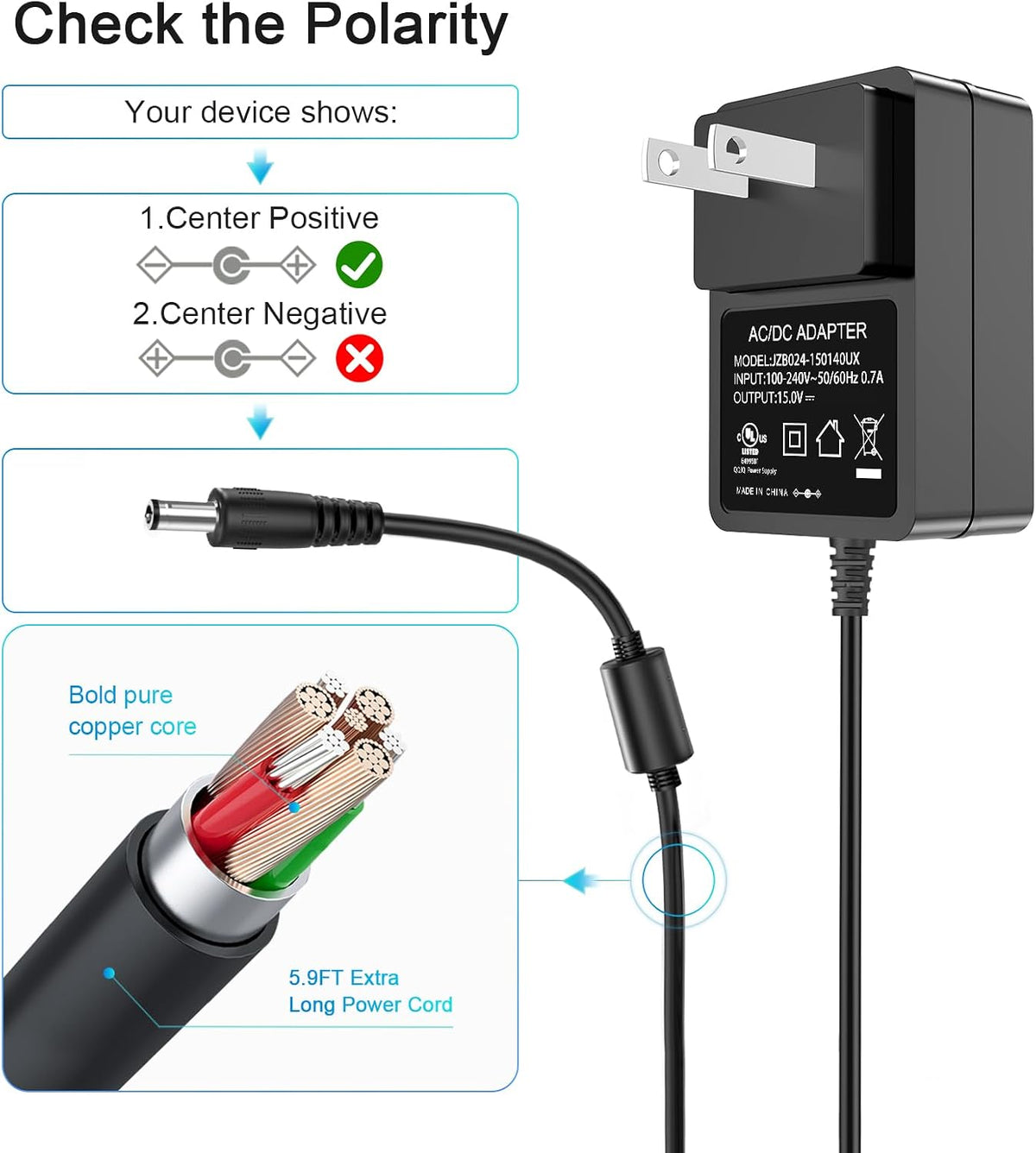 For Litter Robot Power Cord 15V DC Power Supply | Compatible with Litter Robot 2, 3, 4 Open Air Self Cleaning Cat Litter Box Power Supply