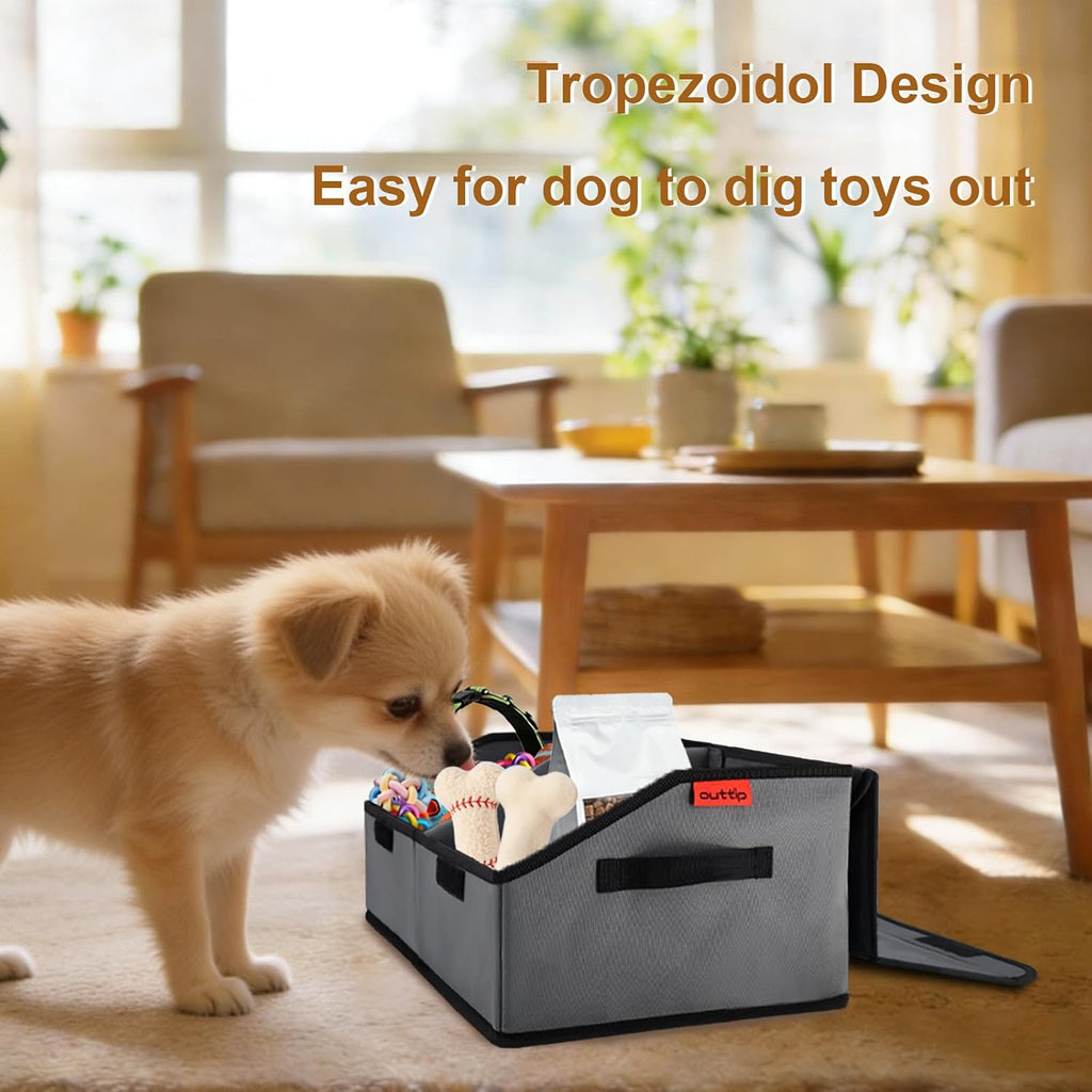 Dog Toy Box with Lid and Removable Divider, 19" Collapsible Toy Basket and Handle，600D Fabric Cute Puppy Organizer for Pet Toys and Accessories - Grey - 1Pcs