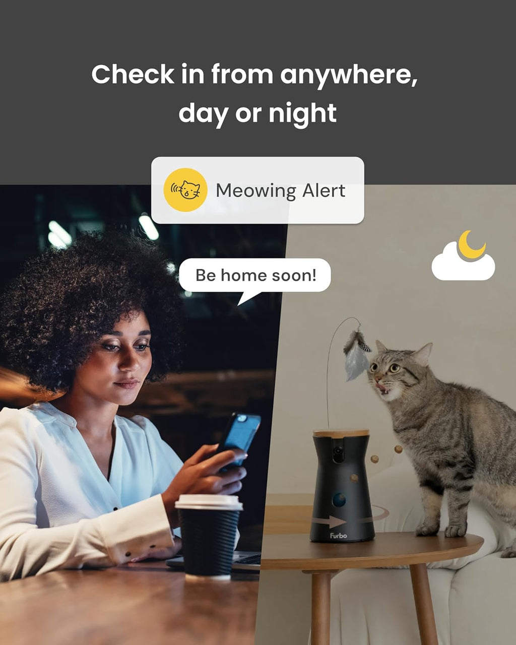 360° Cat Camera [No Monthly Fee] | 360° Rotating Live View, Meowing Alerts, Treat Toss, 2-Way Audio, Night Vision, Smart Home Kitten Monitoring, No AI Alerts