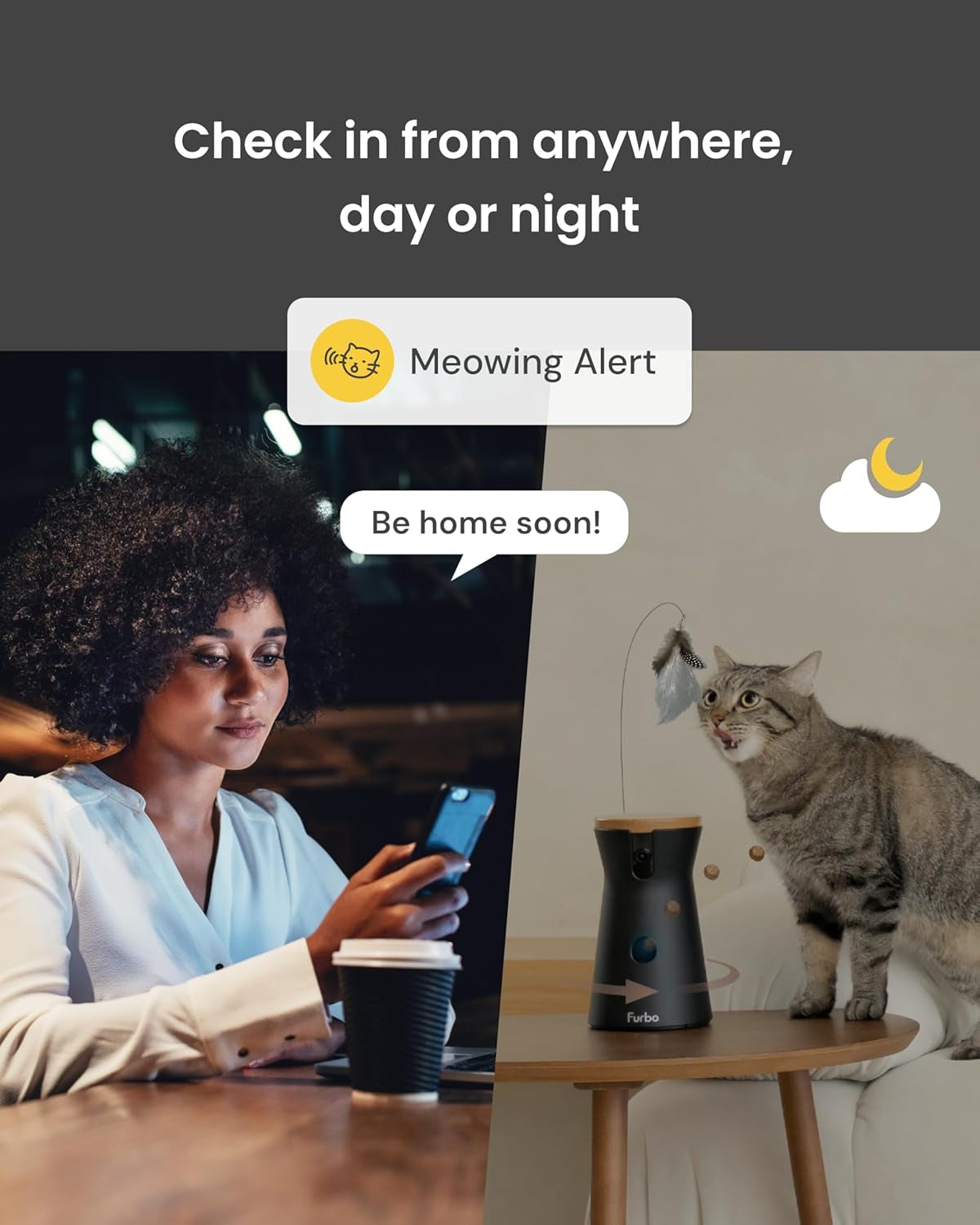 360° Cat Camera [No Monthly Fee] | 360° Rotating Live View, Meowing Alerts, Treat Toss, 2-Way Audio, Night Vision, Smart Home Kitten Monitoring, No AI Alerts