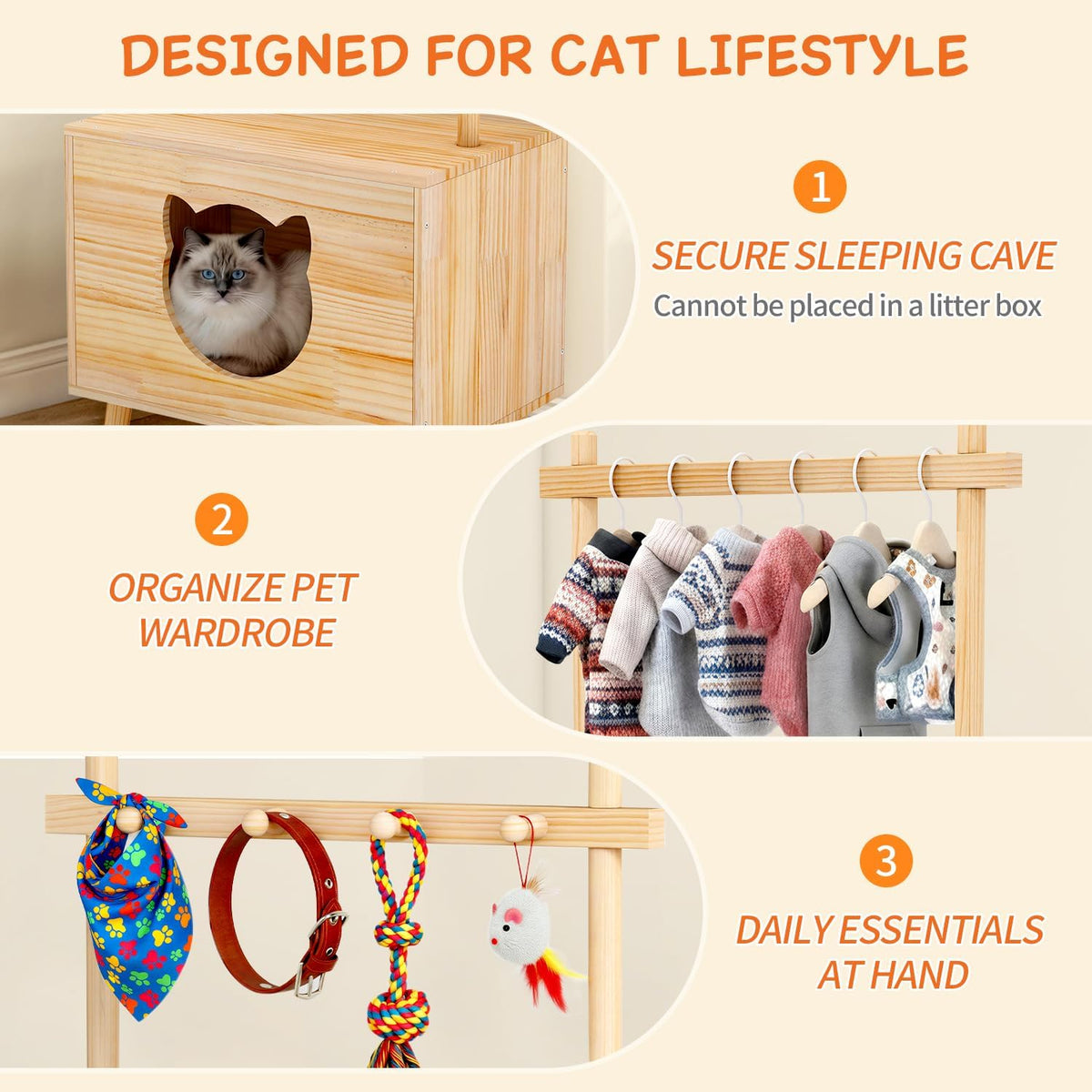 Cat House Side Table,Dog Closet Wooden Pet House Kitten Clothes Rack,Indoor Cat Activity Center for Toy Organization,No Paint (Natural)