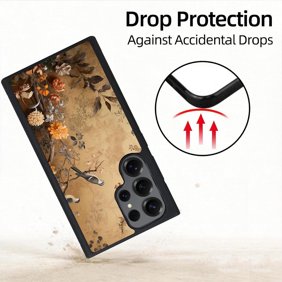 For Samsung Galaxy S25 Ultra Case - Vintage Flowers and Birds | Beige Sepia Vintage Bird Floral Branch Art Designed Phone Case - Flexible TPU Phone Cover - Drop Protection