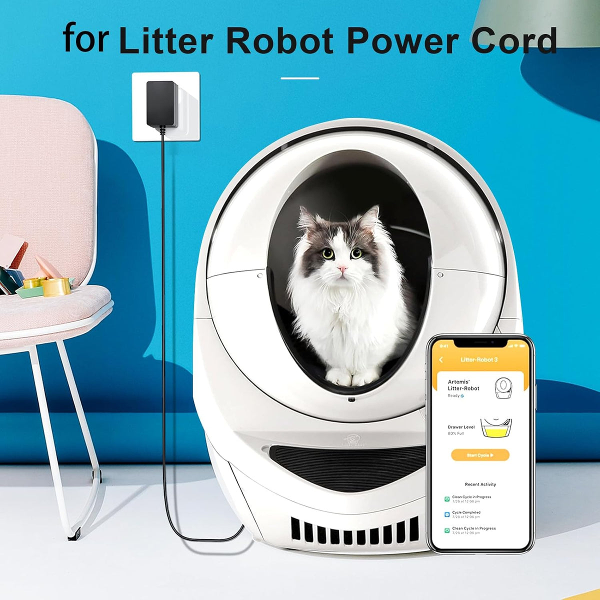 For Litter Robot Power Cord 15V DC Power Supply | Compatible with Litter Robot 2, 3, 4 Open Air Self Cleaning Cat Litter Box Power Supply