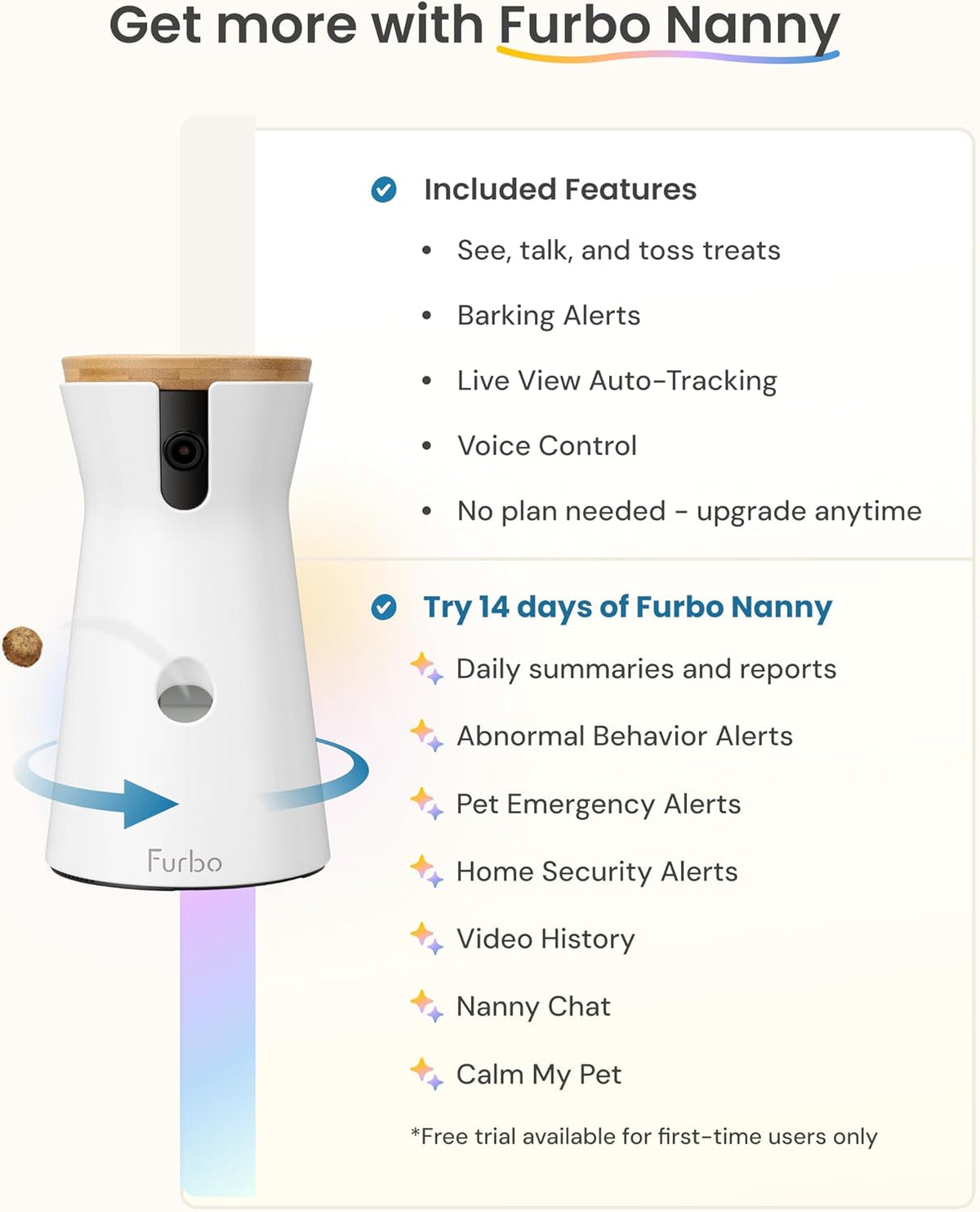 360° Dog Camera [No Monthly Fee] | 360° Rotating Live View, Barking Alerts, Treat Toss, 2-Way Audio, Night Vision, Smart Home Puppy Monitoring, No AI Alerts