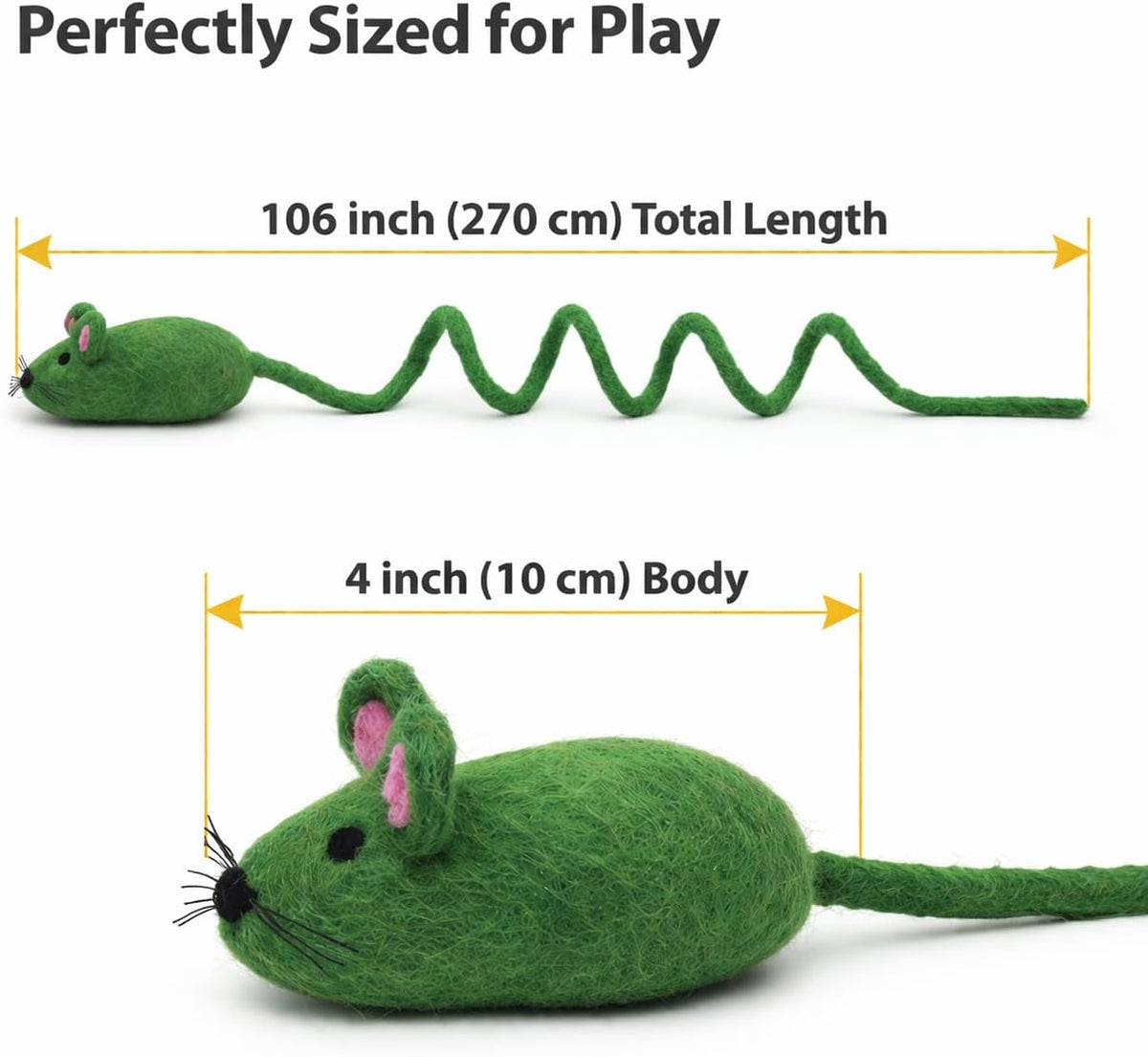 Felt Mouse Cat Toy – Soft Fuzzy Enrichment 100% Natural Wool - Interactive Catnip Play Cat Toy Set - Safe for Pets, Non-Azo Colored Dyes - 100” Long