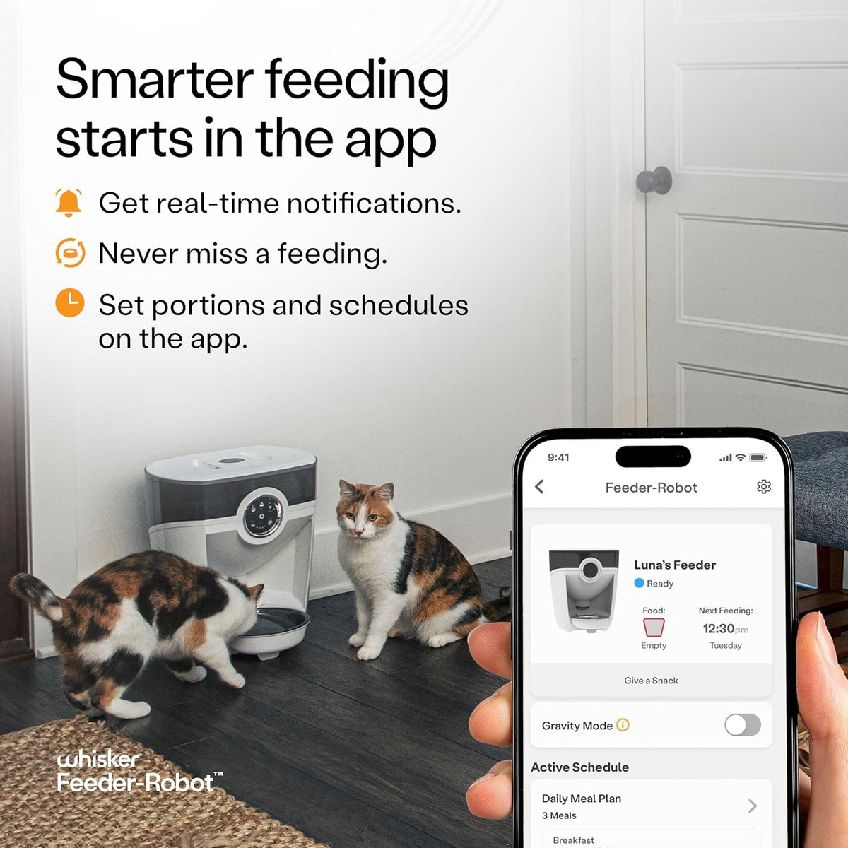 Feeder-Robot, White with Smoke-Grey Hopper | Smart, Automatic Pet Feeder, Feed Your Cat or Dog from Anywhere, Designed & Assembled in USA