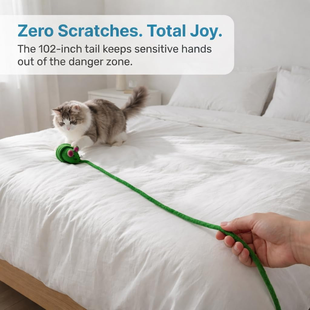 Felt Mouse Cat Toy – Soft Fuzzy Enrichment 100% Natural Wool - Interactive Catnip Play Cat Toy Set - Safe for Pets, Non-Azo Colored Dyes - 100” Long
