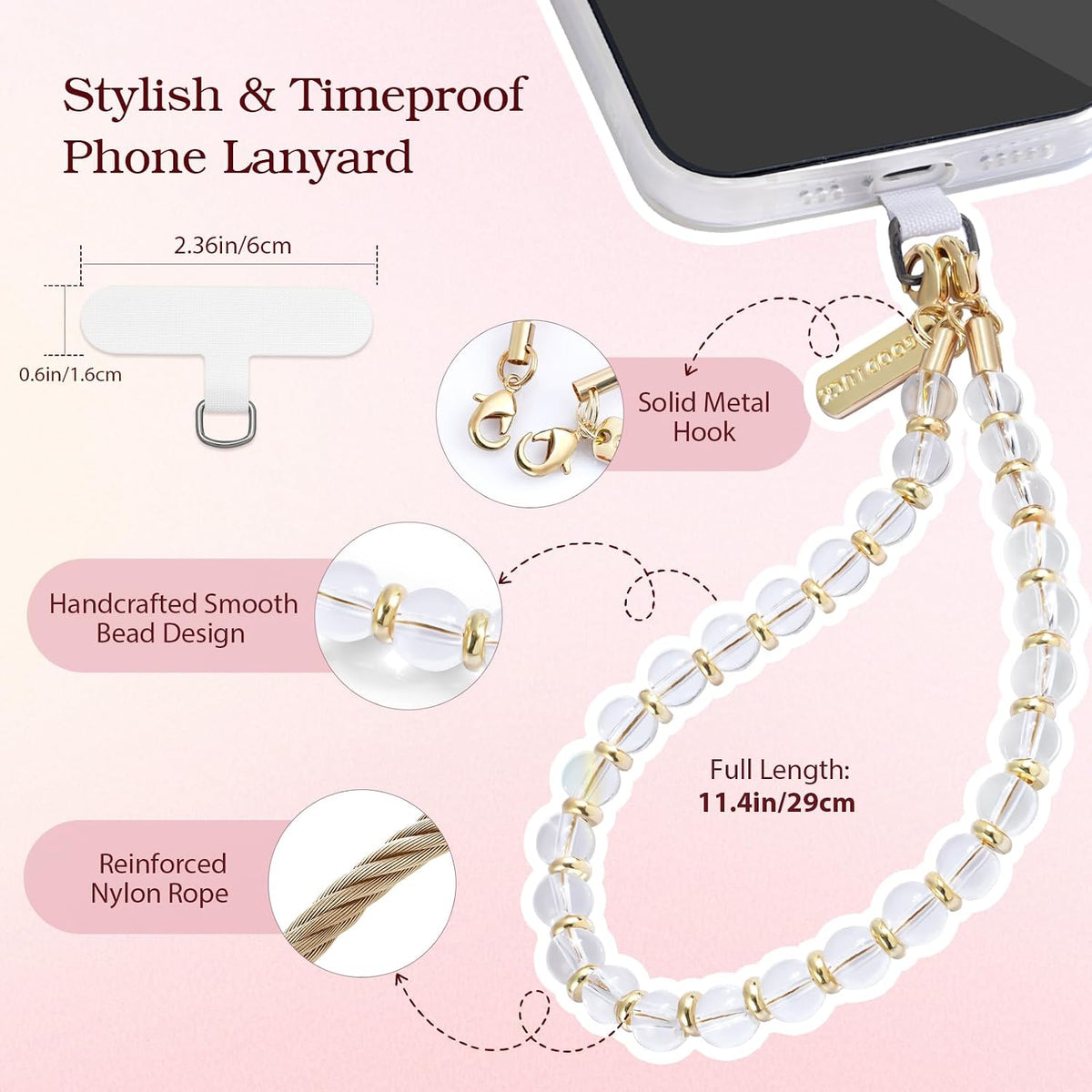 Beaded Phone Wrist Strap, Detachable Lanyard Charm with Tether Tab for Cellphone Case