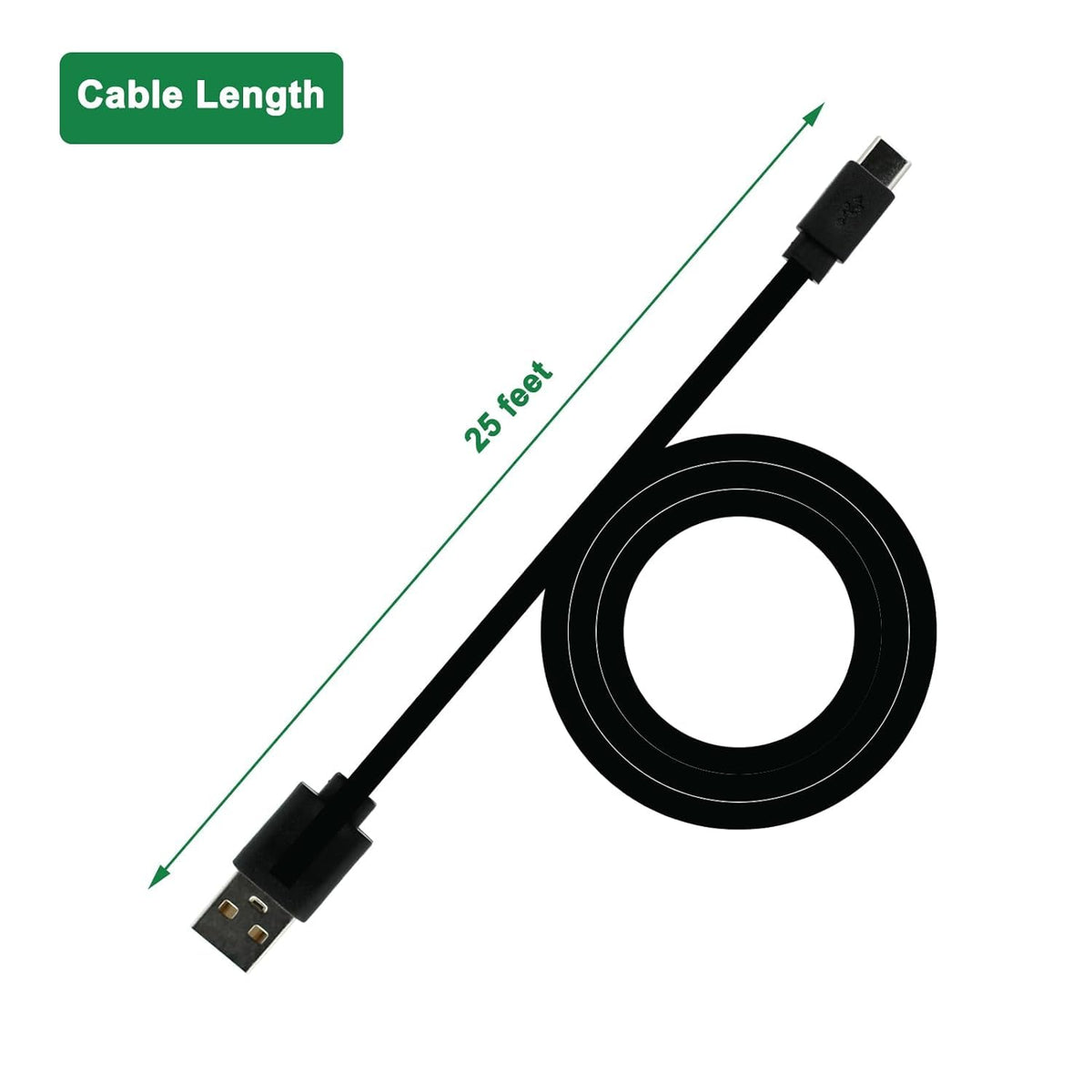 4 Pack 25 Ft USB C Cable for CCTV Wifi Security Camera, Type-C Extension Cord Flat Waterproof Wire Clips, Black