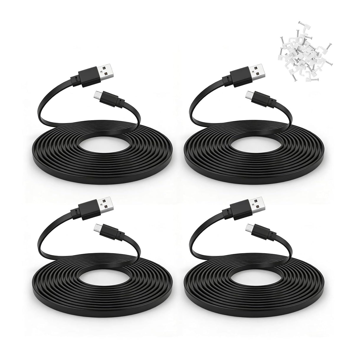 4 Pack 25 Ft USB C Cable for CCTV Wifi Security Camera, Type-C Extension Cord Flat Waterproof Wire Clips, Black
