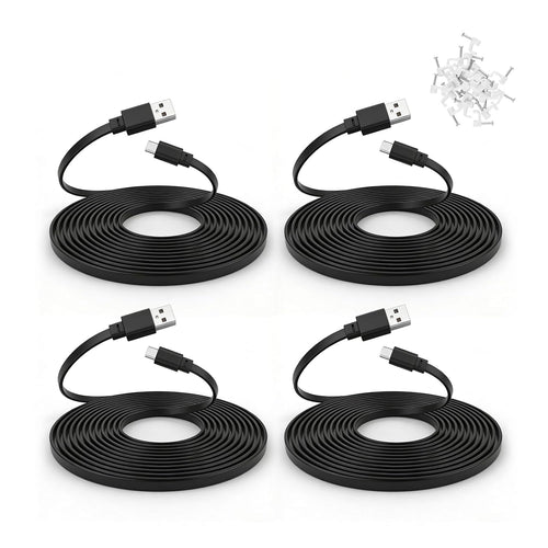 4 Pack 25 Ft USB C Cable for CCTV Wifi Security Camera, Type-C Extension Cord Flat Waterproof Wire Clips, Black