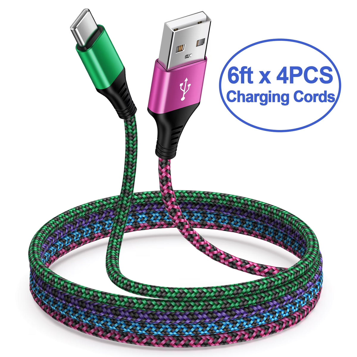 USB C Charging Cables 6 Ft,Type C USB Cables 6Ft-4Pack, USB Type C to USB a Cable Android Type C Charger Fast Charging Cords USB-C Phone Cables,Multicolor
