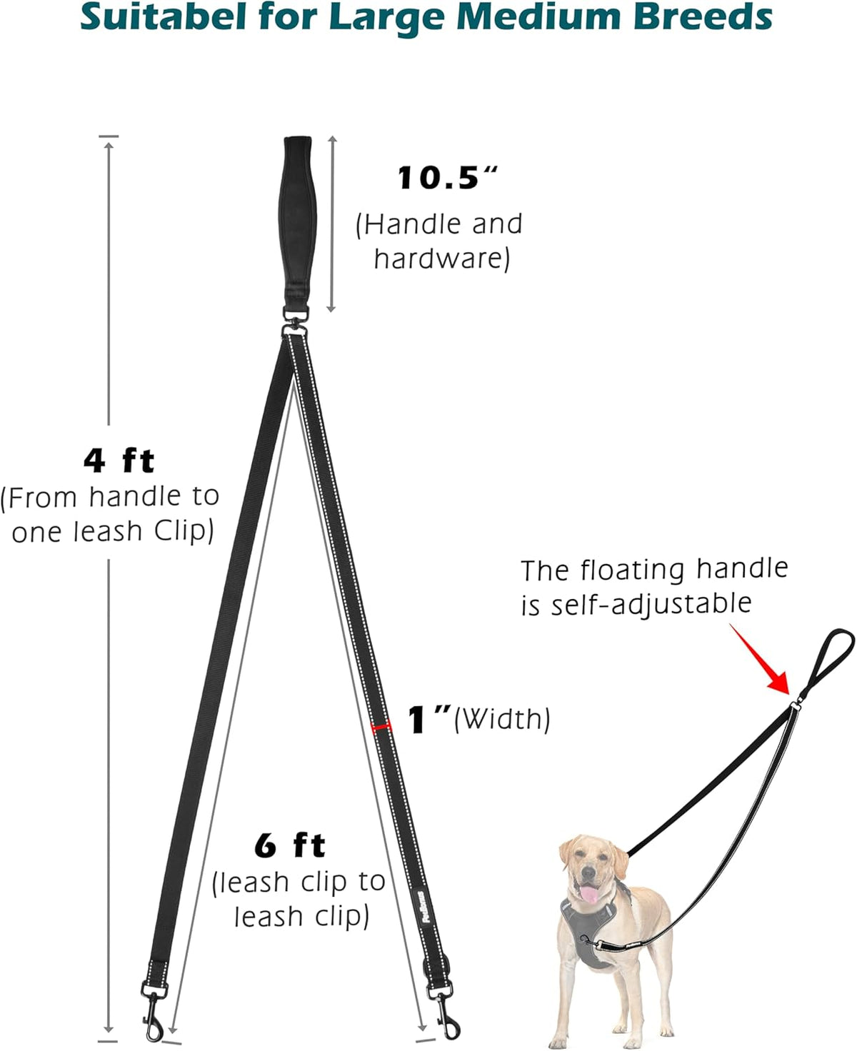 Two Point Control Dog Leash, No Tangle Training Walking Leashes | Soft Padded Handle, Reflective, Works with No Pull Harnesses, Converts to Single Lead for Medium Large Dogs, Black
